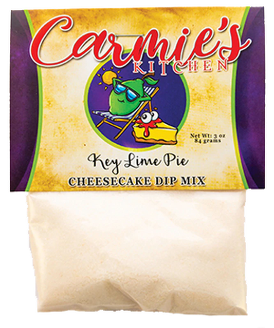 Packet of Keylime Pie Cheesecake Dip, all-natural, colorful label, clear pouch shows dip powder. Available in single-serve and 8 oz.