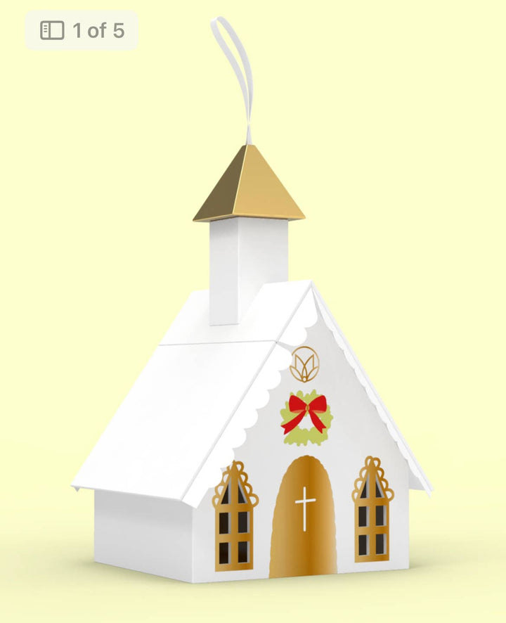 Christmas Village Church bath balm shaped like a white church with a gold steeple, an arched door with a cross, and a wreath.