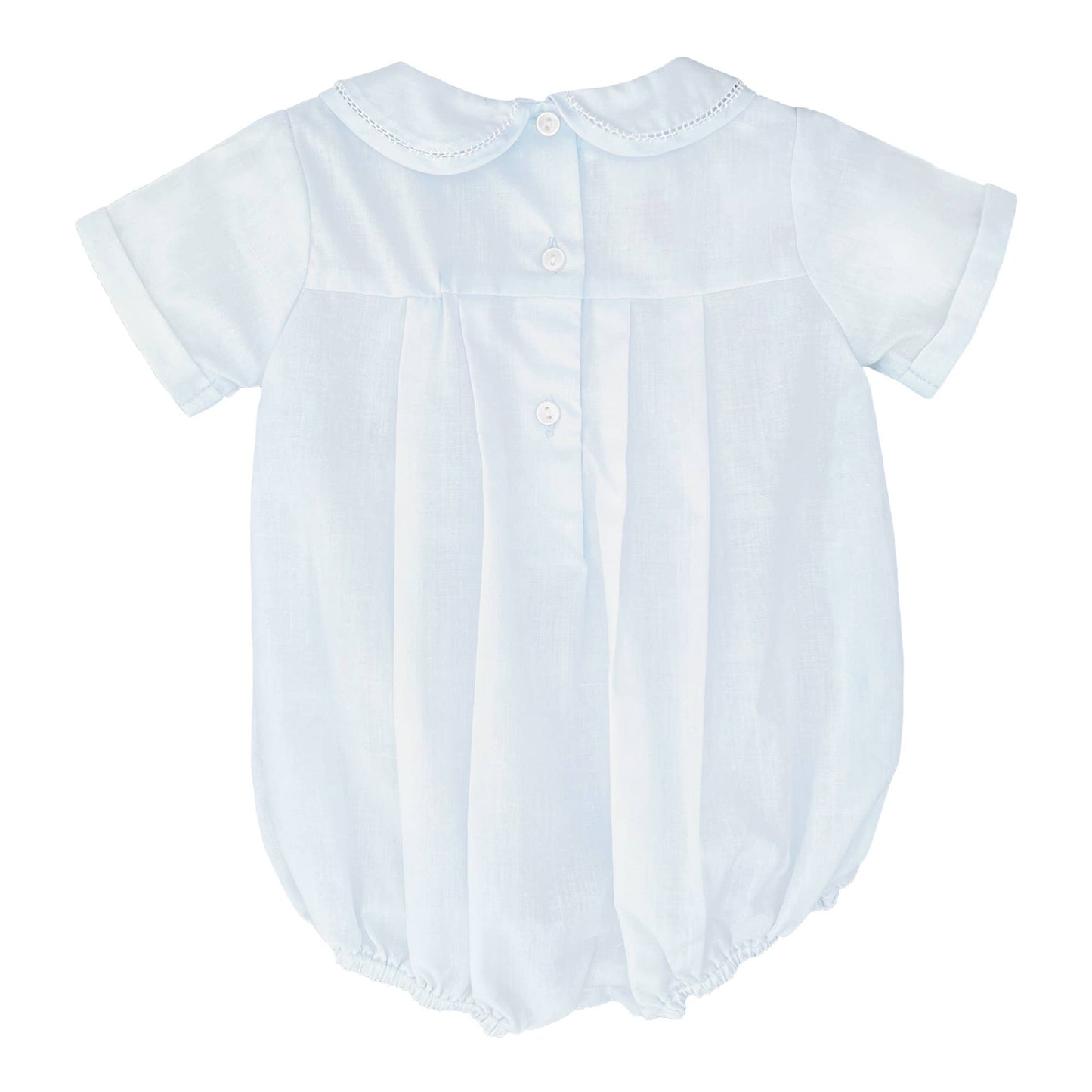 Light blue Romper with Hand Feather Stitching: Newborn with short sleeves, a collar with lace trim, and front button closures, displayed against a white background.