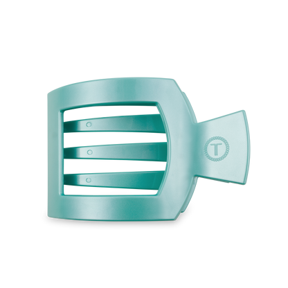 Teal TELETIES Square Flat Hair Clip with strong-grip, rectangular design; features three open slots and a "T" emblem. Sizes: Small, Large.