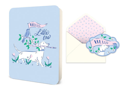 Deluxe greeting card with pastel art, "Hello, Little One" banner. Includes envelope, sticker. Size: 5"x7". Premium paper.