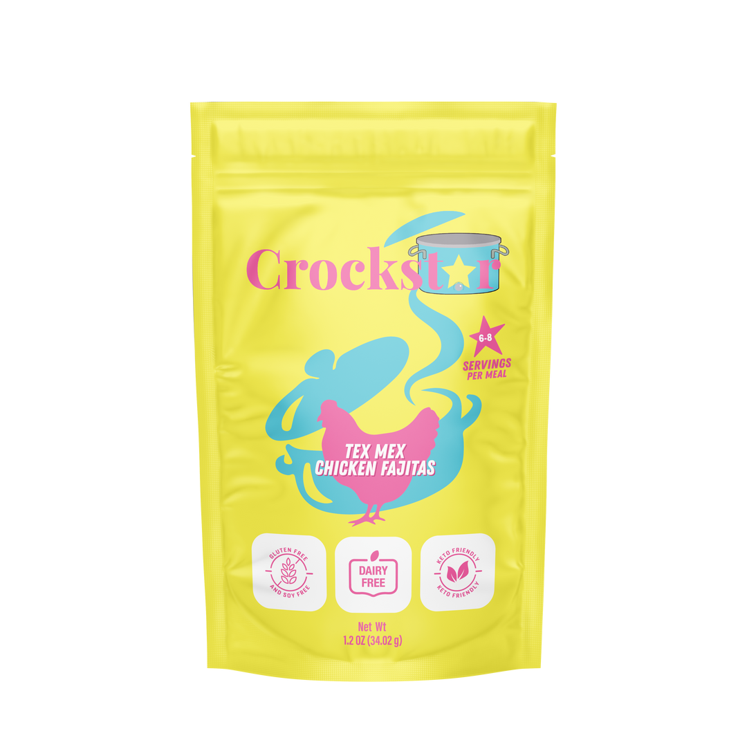 Yellow "Tex Mex Chicken Fajitas" pouch, pink/blue accents, dairy &amp; gluten free icons, serving size info. Sizes: not specified.