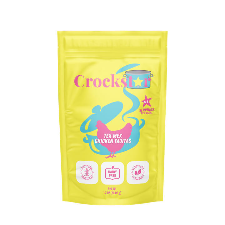 Yellow "Tex Mex Chicken Fajitas" pouch, pink/blue accents, dairy &amp; gluten free icons, serving size info. Sizes: not specified.