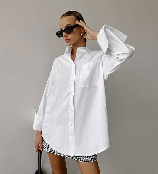 White Lapel Collar Button Down Fit Daily Shirt, available in S, M, L, XL.