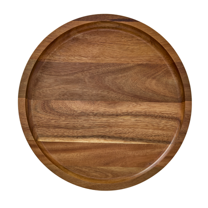 Round acacia board with smooth finish and visible wood grain. Available in 14" size.