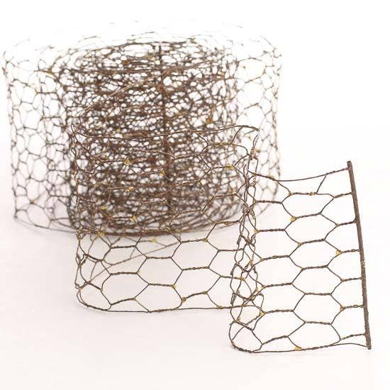 Three rolls of Chicken Wire Floral Craft Mesh Ribbon, each 2-1/4″ wide with a rusted finish and honeycomb-patterned galvanized wires.