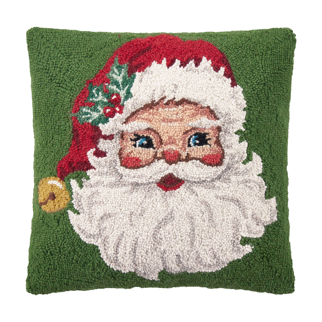 Red Hat Santa Hook Pillow featuring a square hooked design of Santa Claus with a red hat, holly, and a gold bell.