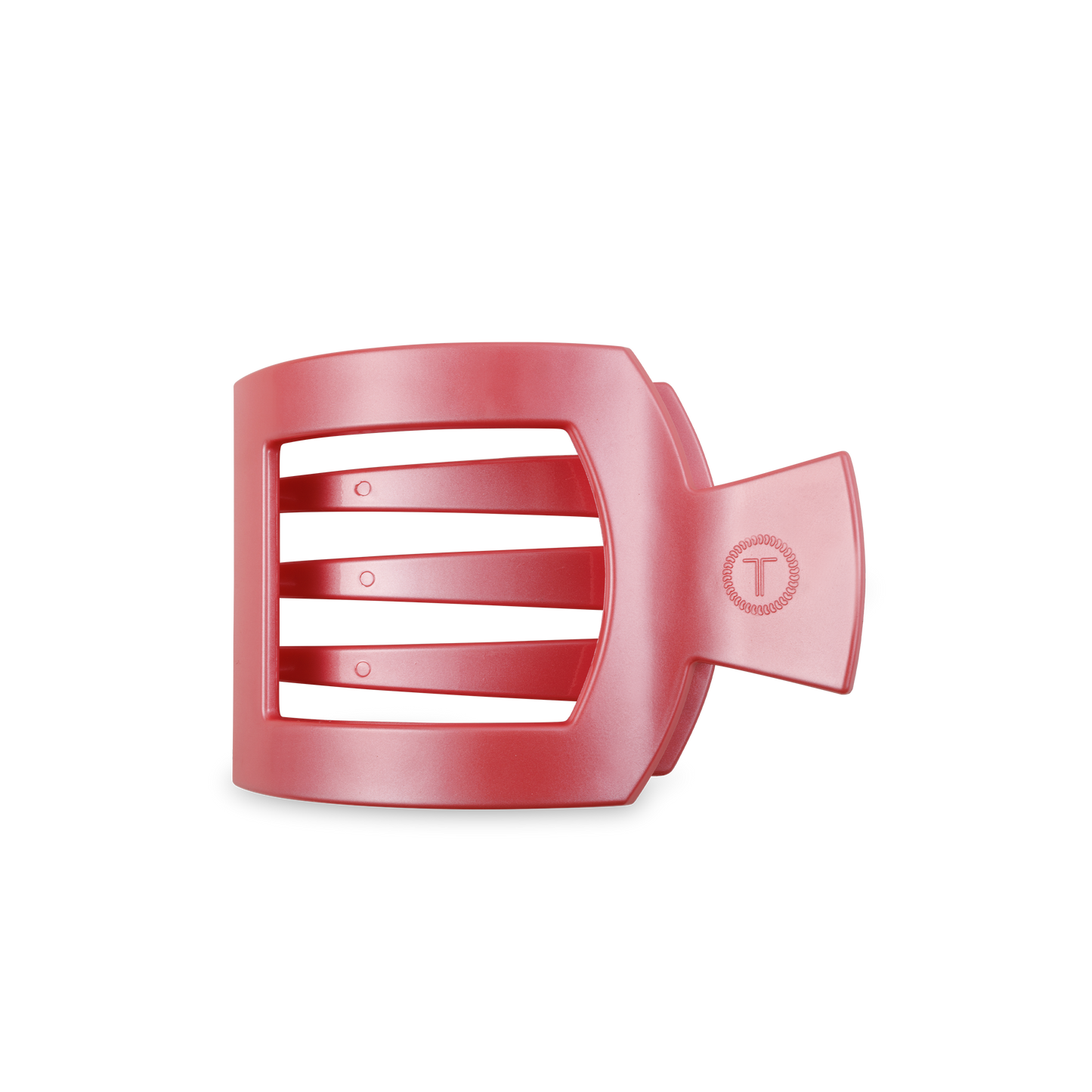 The TELETIES Square Flat Hair Clip is a sleek red rectangle with three horizontal slats and a tail-like extension, featuring a circular "T" emblem. Available in one size.