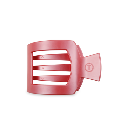 The TELETIES Square Flat Hair Clip is a sleek red rectangle with three horizontal slats and a tail-like extension, featuring a circular "T" emblem. Available in one size.