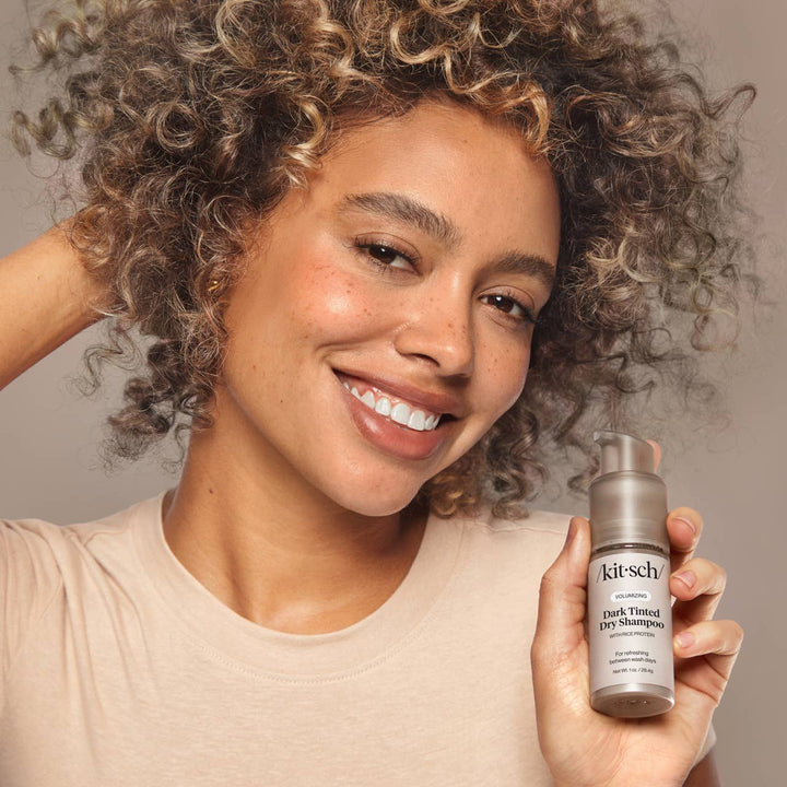 Volumizing Rice Protein Dry Shampoo - Dark Tinted non-aerosol powder, available in 1 oz size.