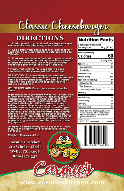 Back of Classic Cheeseburger Soup Mix packet with instructions, nutrition info, topping ideas, and contact details. Size not shown.