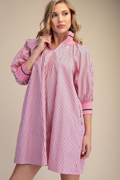 Pink Mock Neck Band Puff Sleeve Dress with pink/white stripes, zip collar, relaxed fit. Sizes: XS-XL.