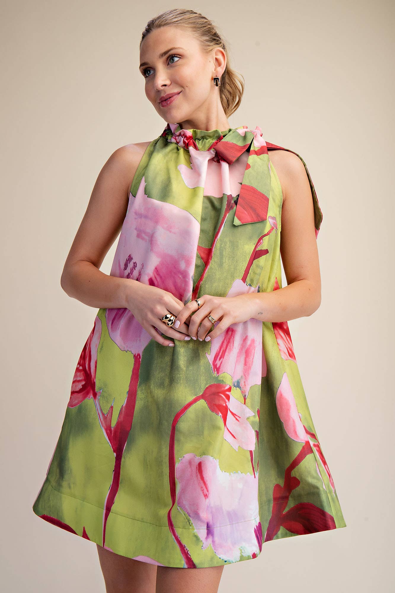 Mini Dress Ruffle Neck Tie Sleeveless Floral Print in Royal, available in sizes XS-XL.