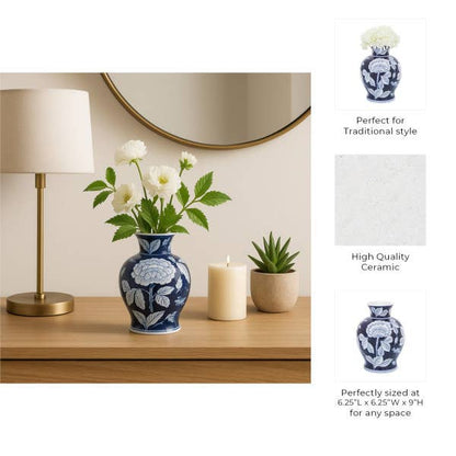 Blue ceramic floral Chinoiserie vase, 9 in., traditional style, high-quality ceramic. Versatile size.