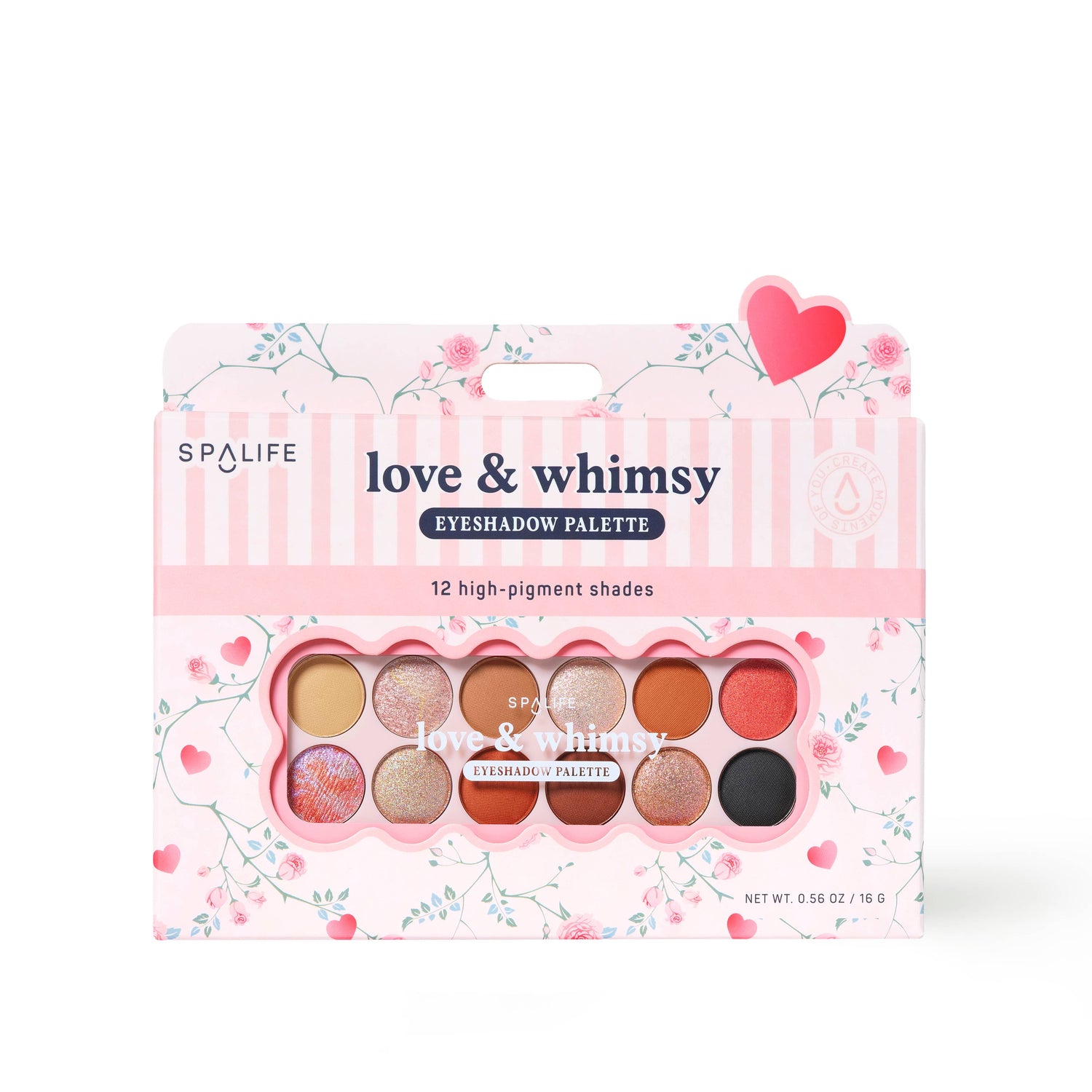 The Love & Whimsy Eye Shadow Palette has 12 warm-toned shades in a pink floral box with heart detail. Available in one size.