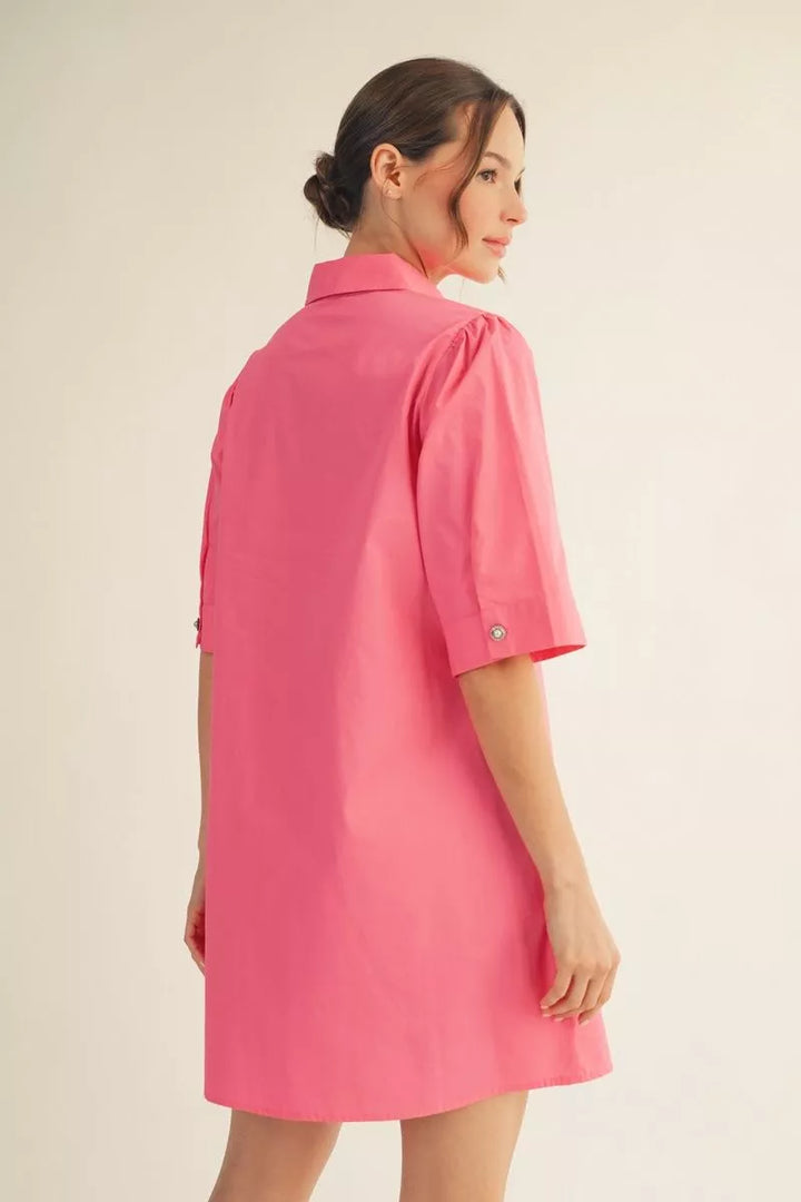 Pearl Button Pink Shift Dress: bright pink, lightweight cotton, elbow-length sleeves, collar. Available in sizes XS–XL.
