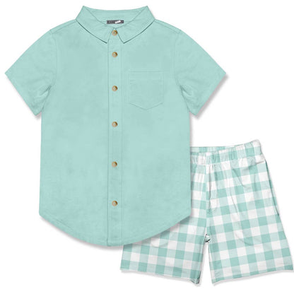 Mint short-sleeve button-up with chest pocket and teal-white checked shorts with pockets. Sizes: 2T-5T.
