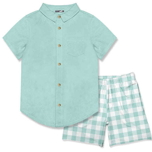 Mint short-sleeve button-up with chest pocket and teal-white checked shorts with pockets. Sizes: 2T-5T.