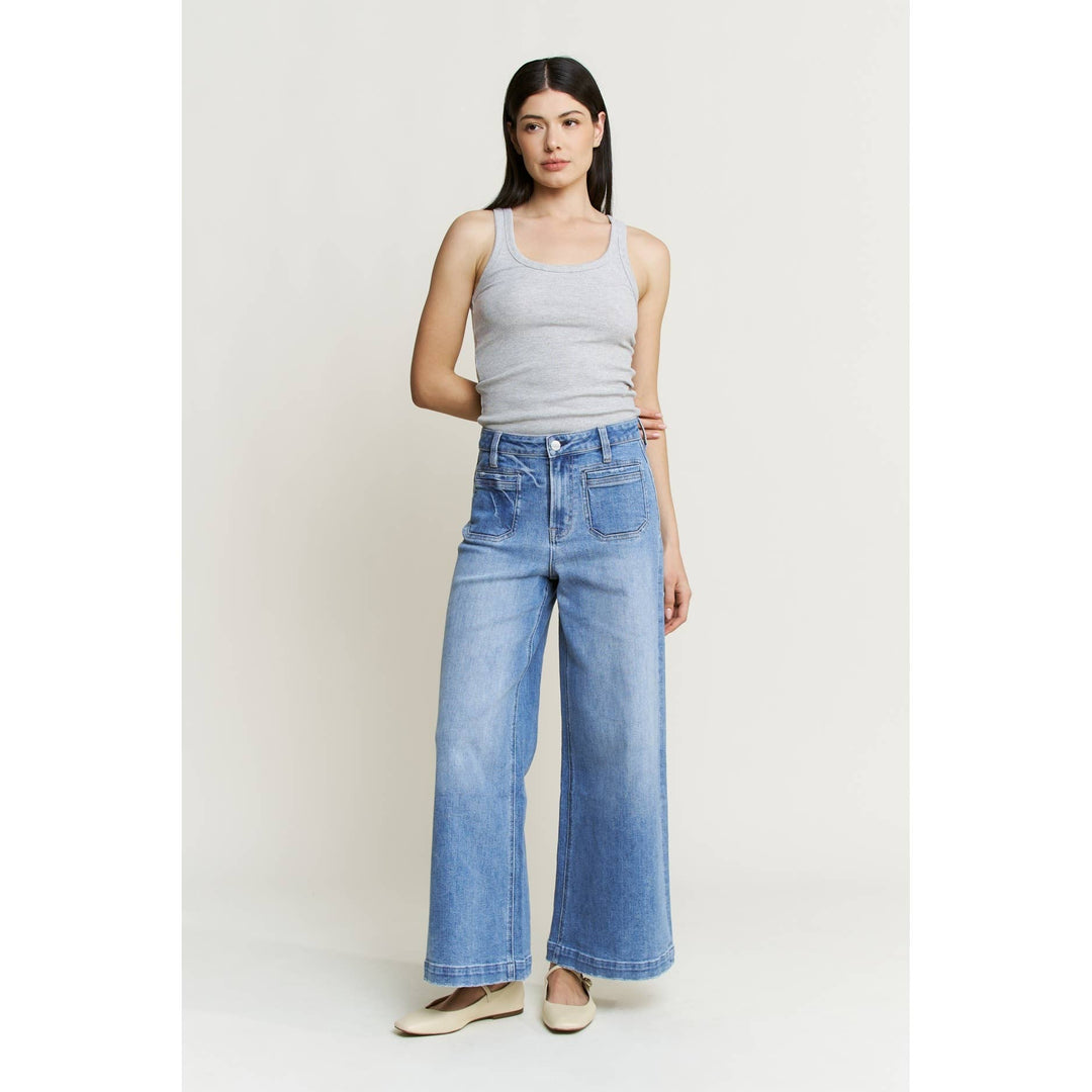SUPER HIGH ANKLE WIDE LEG: BLUE ROCK jeans, high-waisted, wide-leg, blue, front patch pockets, size 28.
