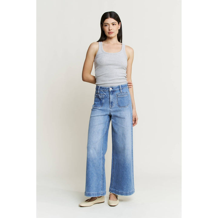 SUPER HIGH ANKLE WIDE LEG: BLUE ROCK jeans, high-waisted, wide-leg, blue, front patch pockets, size 28.