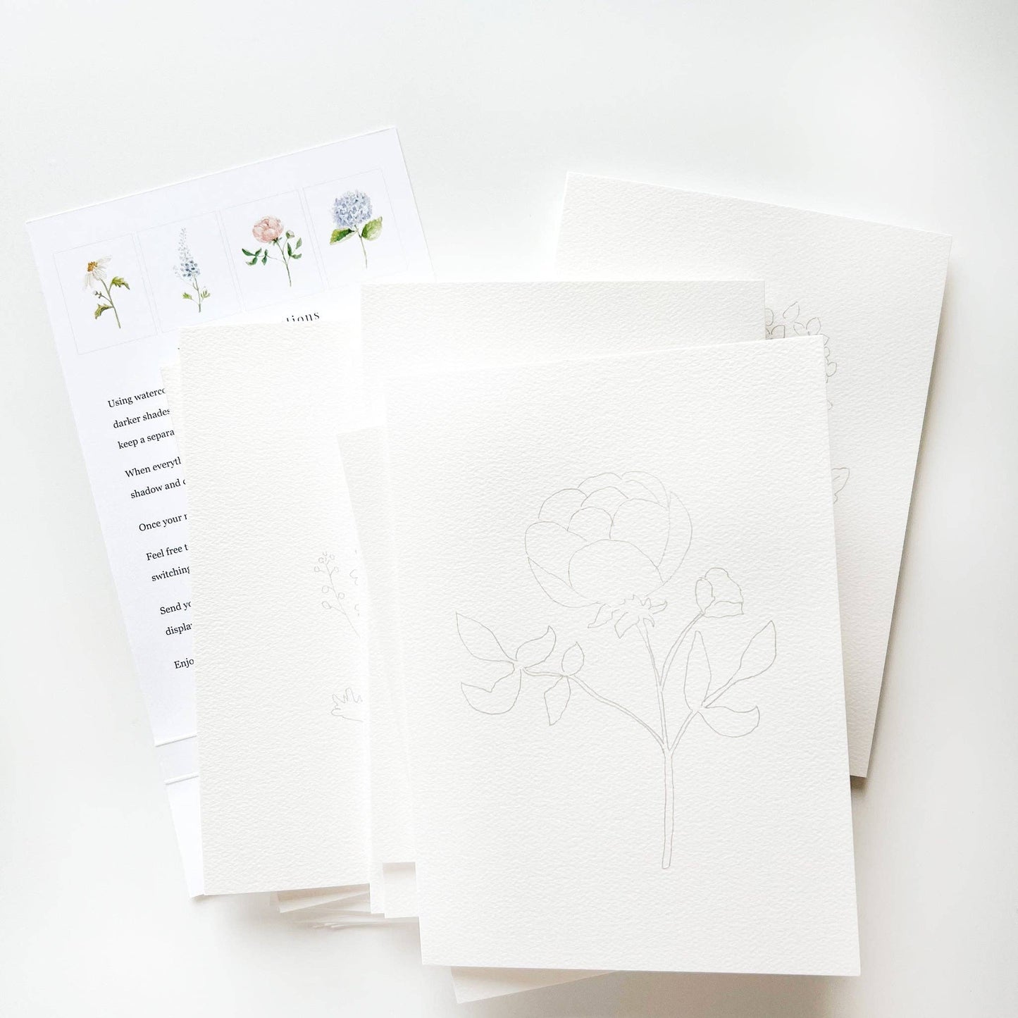 The Garden Flowers Paintable Notecards | Set of 8, white textured paper with floral sketches. Size info not shown.