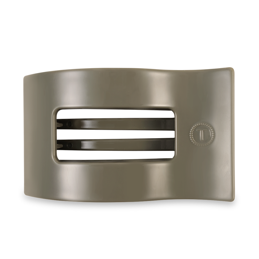 Matte olive-green TELETIES Flat Rectangle Hair Clip with two black inner prongs and embossed circle. Available in multiple sizes.