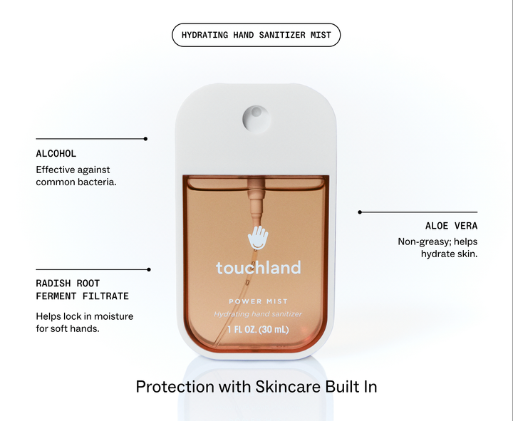 Salted Caramel Power Mist Hand Sanitizer in a flat, rectangular, transparent amber container with a white top.
