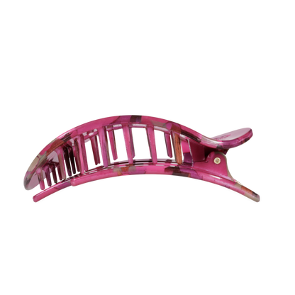 Large flat round hair clip with pink and purple floral pattern, curved shape, and interlocking teeth. Available in large size.