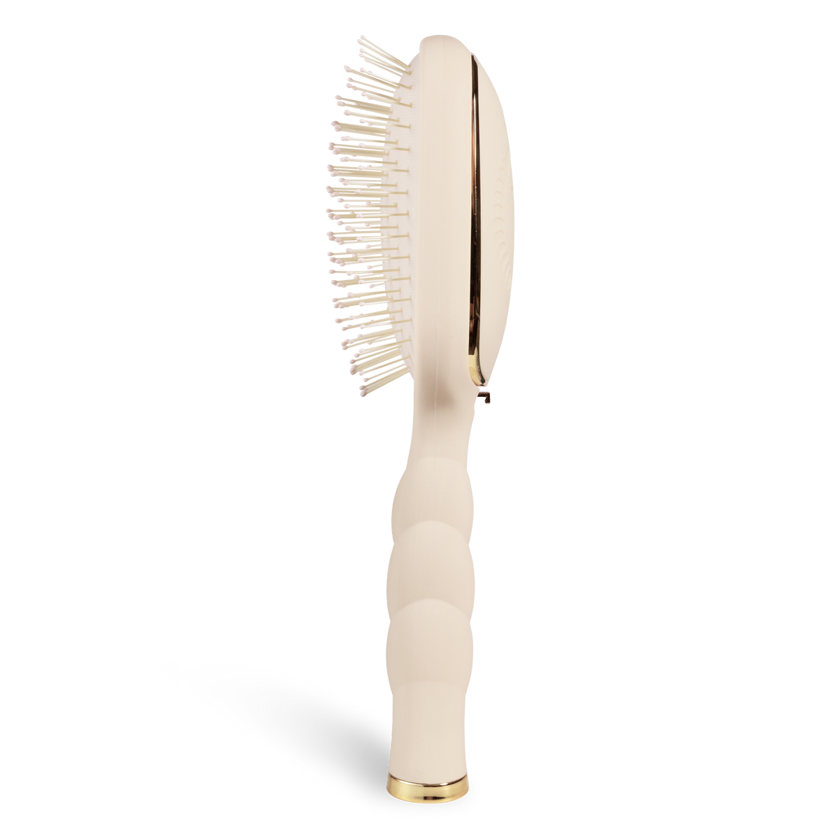 Detangler Hair Brush for Medium Hair - Tan; side view shows a curved beige handle with texture, white bristles with bead tips, gold accents; available in medium size.