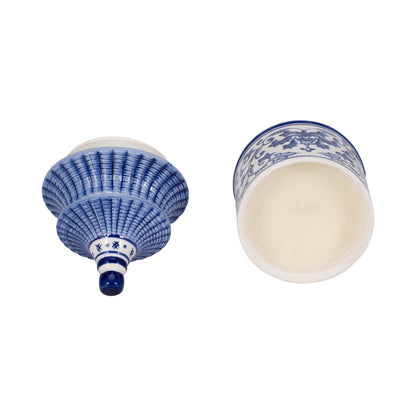 Blue Ceramic Plumeria Chinoiserie Pagoda Candle, 9 oz; lidded blue and white jar, single wick, plumeria scent, reusable jar.