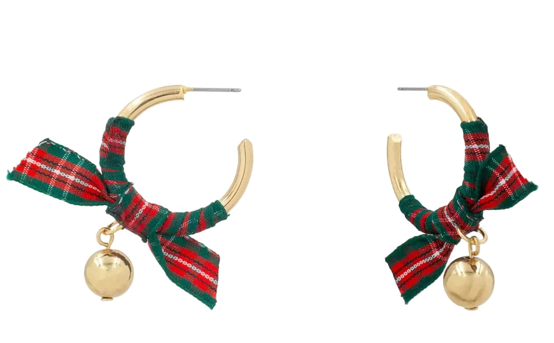 Christmas Gold Hoop with Red and Green Ribbon Earrings with hanging gold beads.
