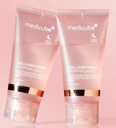 Two pink MEDICUBE Collagen Night Wrapping Mask tubes, for night care and hydration. Available sizes: 50ml, 100ml.