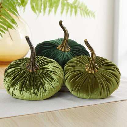 Set of three large velvet pumpkins in varying green hues with realistic brown stems from the “Pumpkin Large Velvet, Fall Mantel Decor, Halloween Table: Fern” collection. Available in large size.