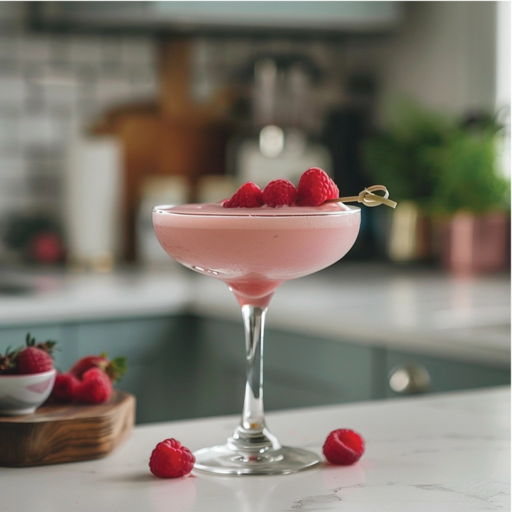 Pink keto drink with Sugar Free Raspberry Syrup, garnished with raspberries. Available in 12oz and 20oz sizes.