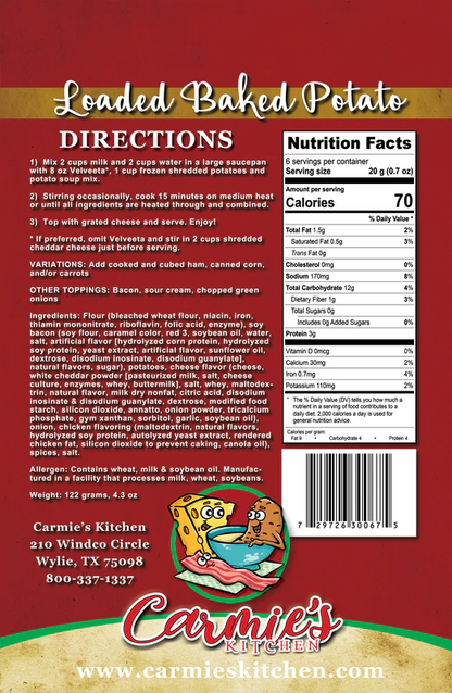 Loaded Baked Potato Soup Mix package back with directions, nutrition facts, ingredients, contact info; available in 4.5 oz size.