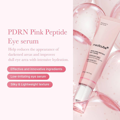 MEDICUBE PDRN Pink Peptide Eye Cream tube; targets dark circles, hydrates, gentle PDRN. Available in 30ml.