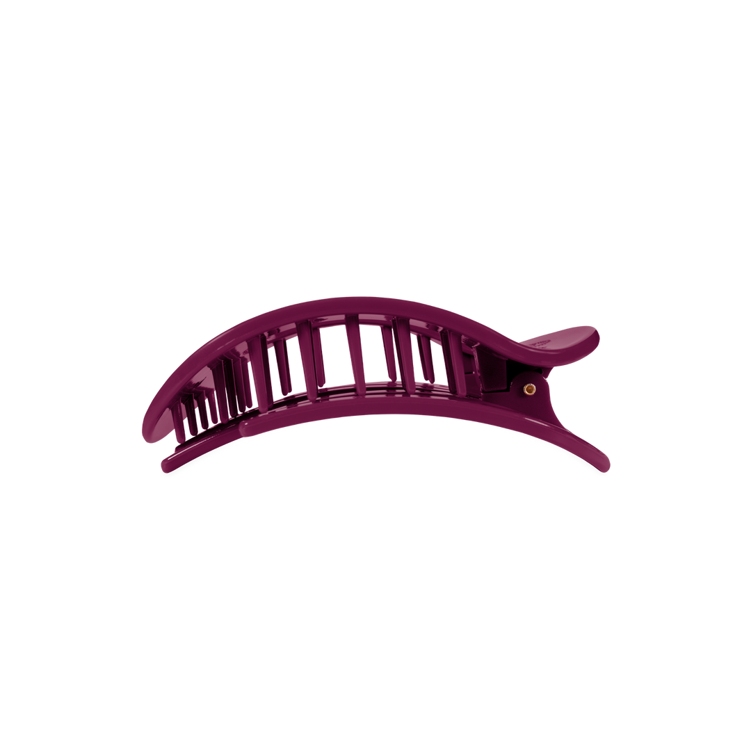 The Mulberry Medium Flat Round Hair Clip is a curved, purple plastic accessory for medium hair, available in medium size.