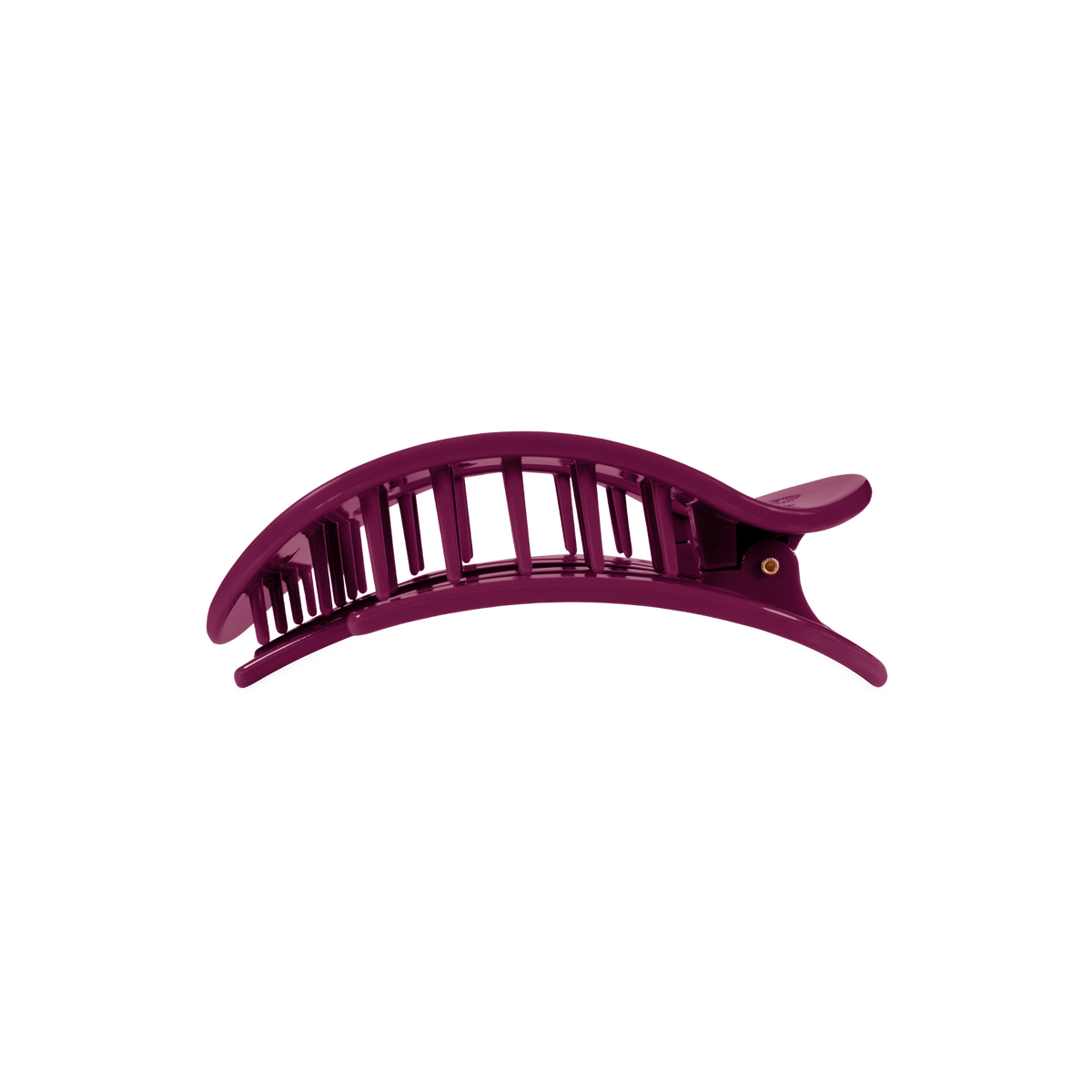 The Mulberry Medium Flat Round Hair Clip is a curved, purple plastic accessory for medium hair, available in medium size.