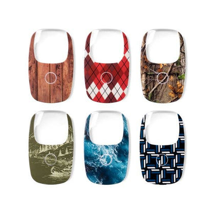 Optimum Optical The Hobbyist OptiCard LED Pocket Magnifiers in wood grain, red argyle, camouflage, green landscape, ocean waves, and blue geometric designs. Pocket-sized shape for portability. Available sizes: 3x and 5x magnification.