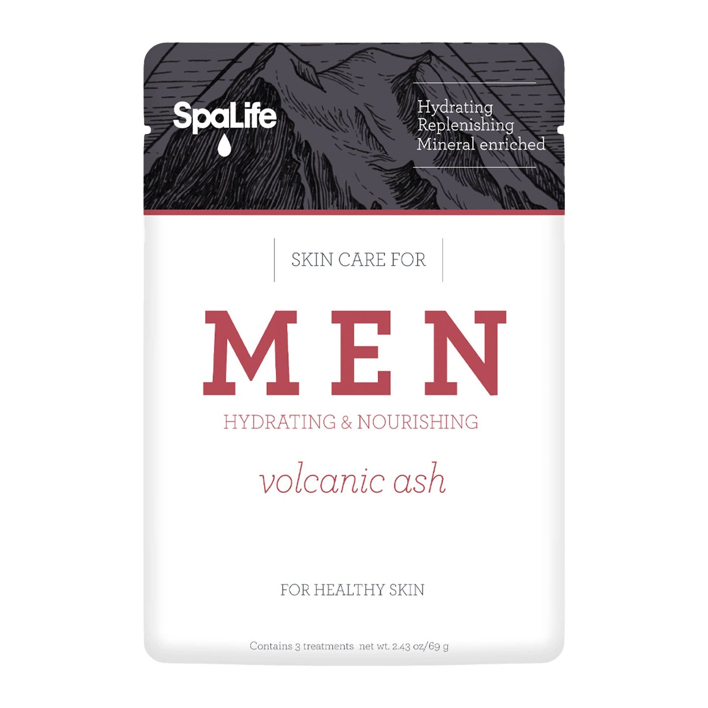 Men's Volcanic Ash Hydrating Facial Mask with minerals and hydration; mountain design on box. Sizes available: 50ml, 100ml.