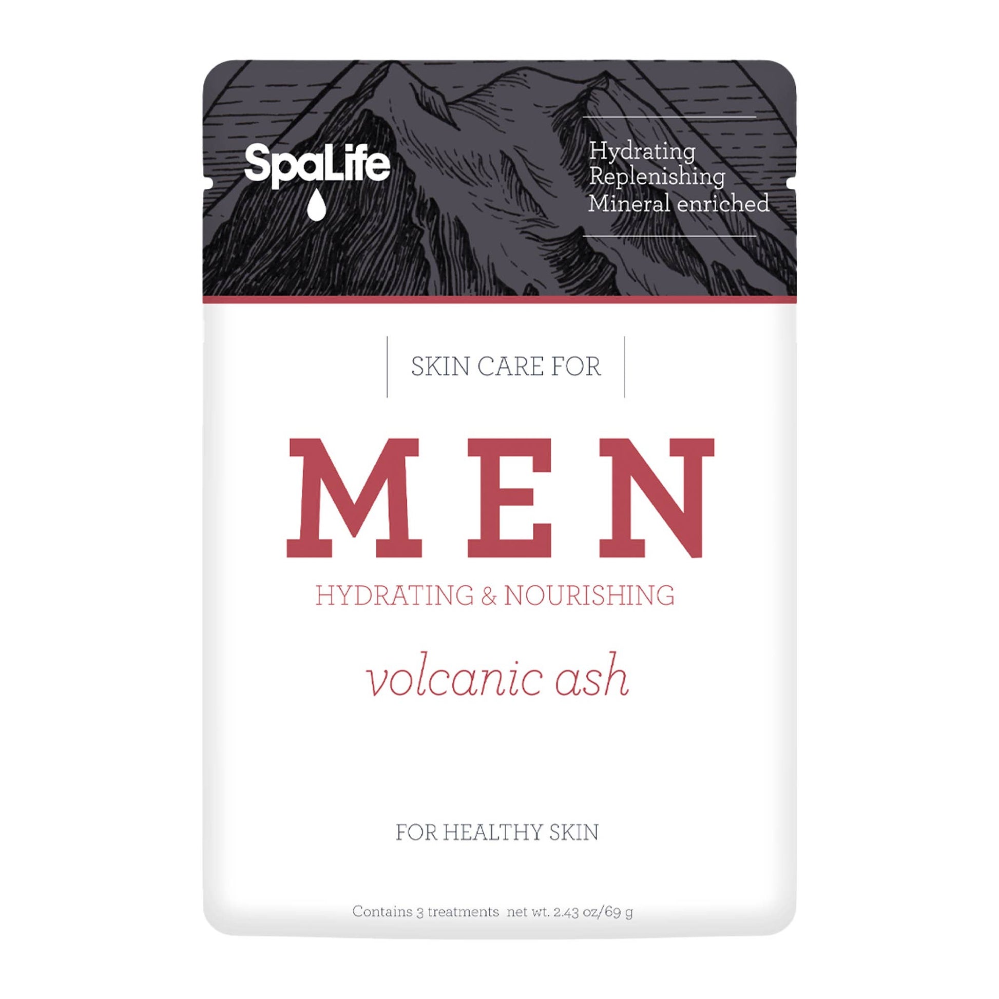 Men's Volcanic Ash Hydrating Facial Mask with minerals and hydration; mountain design on box. Sizes available: 50ml, 100ml.