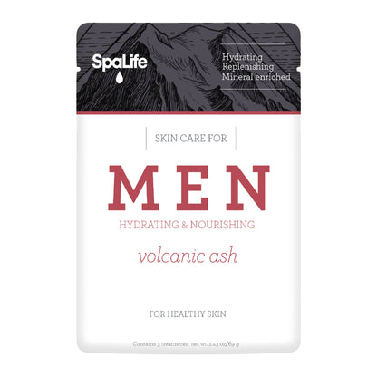 Men's Volcanic Ash Hydrating Facial Mask with minerals and hydration; mountain design on box. Sizes available: 50ml, 100ml.