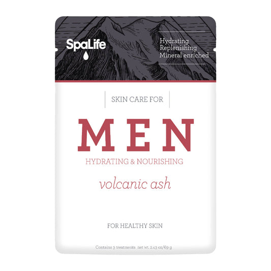 Men's Volcanic Ash Hydrating Facial Mask with minerals and hydration; mountain design on box. Sizes available: 50ml, 100ml.