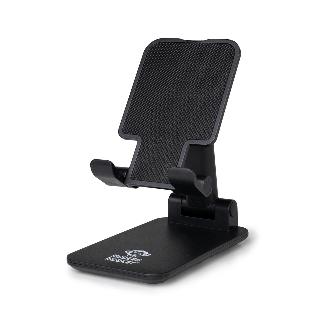 Black adjustable folding tech stand with textured backrest, two arms, white logo on base. Available in small and large.