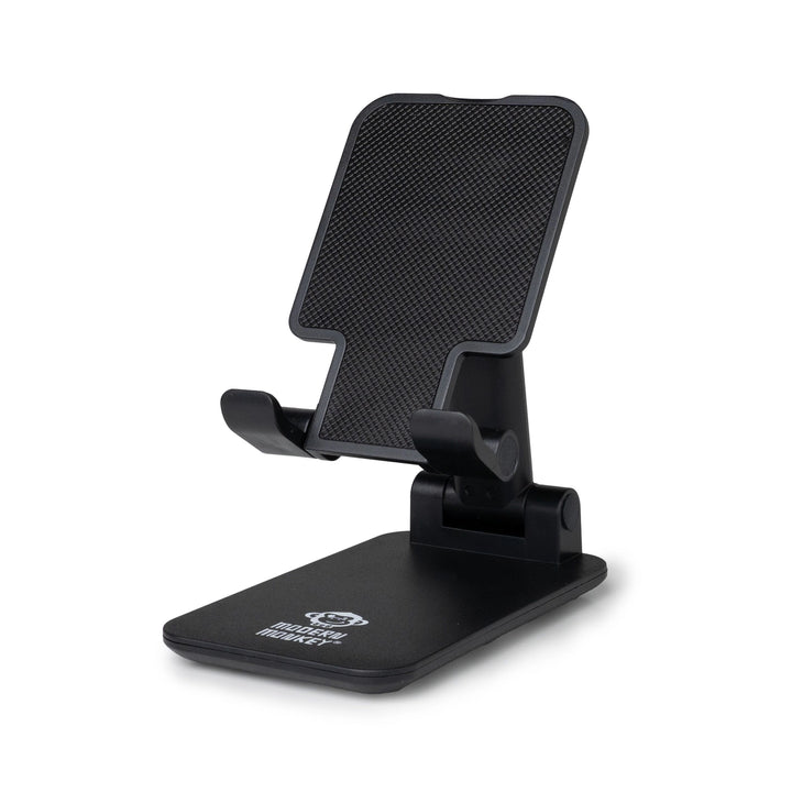 Black adjustable folding tech stand with textured backrest, two arms, white logo on base. Available in small and large.