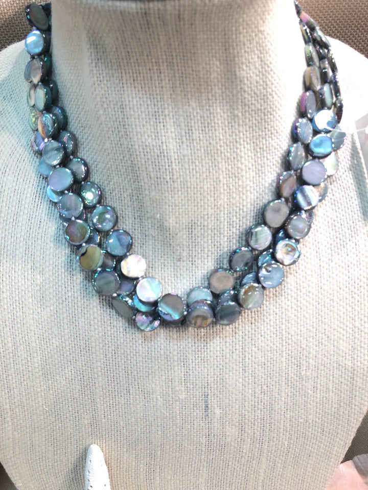 Mother of Pearl 3 Strand Necklace with magnet clasp, iridescent round beads. Available in 16, 18, and 20-inch sizes.