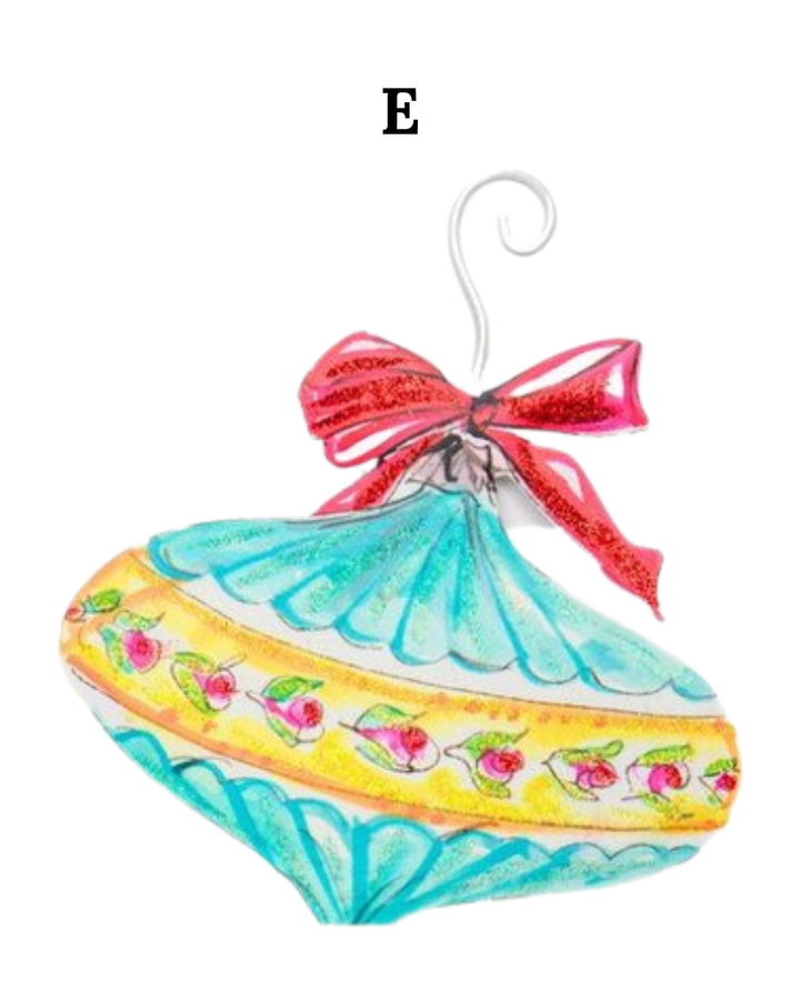 Teardrop-shaped Beck’s Vintage Ornament E, 5 styles, featuring turquoise ribbed sections, a yellow band with pink rose buds, and a red glitter bow.