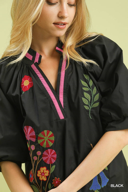 Fiona Embroidered Floral Blouse with pink trim, available in sizes XS–XL.