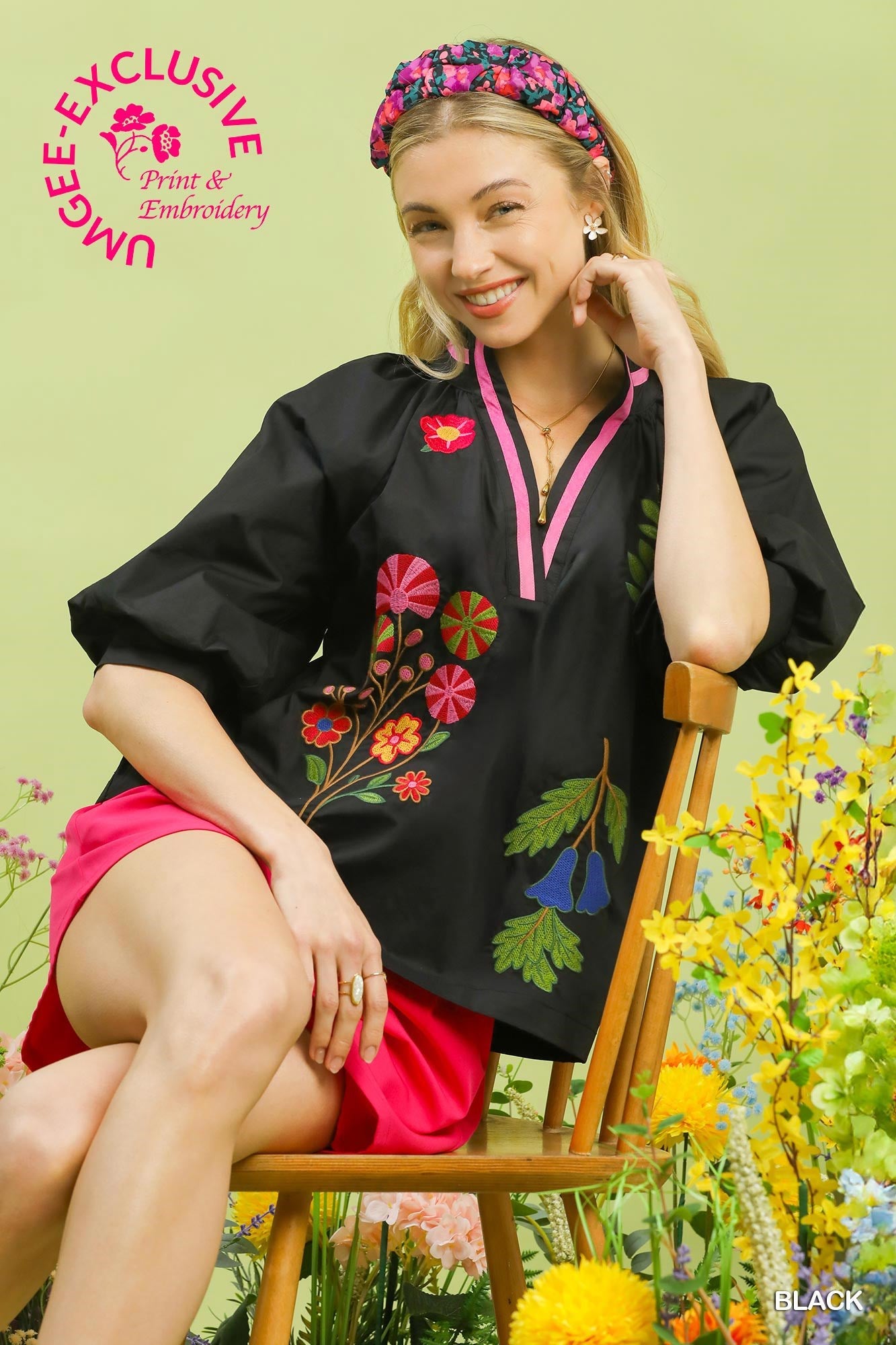 Black cotton Fiona Embroidered Floral Blouse with vibrant floral embroidery. Available in sizes XS-XL. Text on image: "JUNGEE EXCLUSIVE Print & Embroidery.