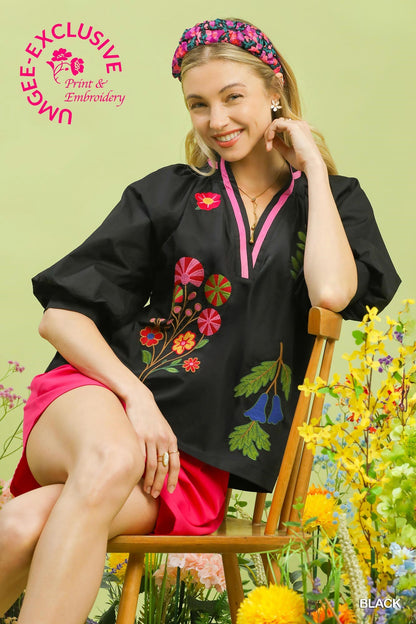 Black cotton Fiona Embroidered Floral Blouse with vibrant floral embroidery. Available in sizes XS-XL. Text on image: "JUNGEE EXCLUSIVE Print & Embroidery.